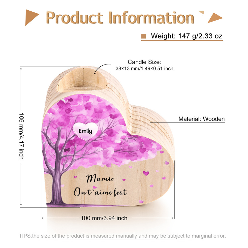 À Ma Maman/Mamie - Bougeoir en Bois Arbre 1 Prénom et Texte Personnalisés pour Famille sans bougie