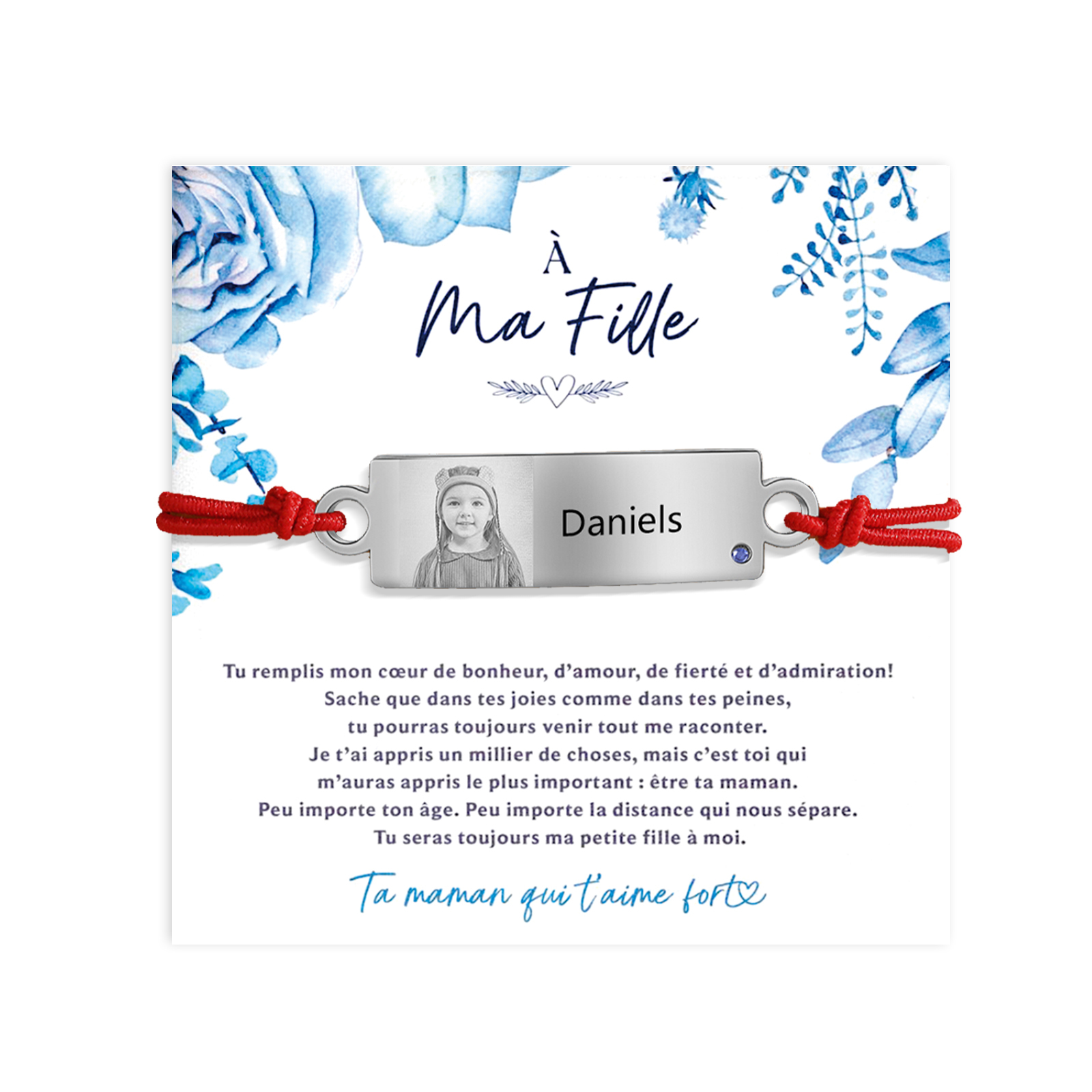 À Ma Fille - Bracelet Prénom et Photo Personnalisés avec Pierre de Naissance Corde élastiques - Cadeau Rentrée Scolaire