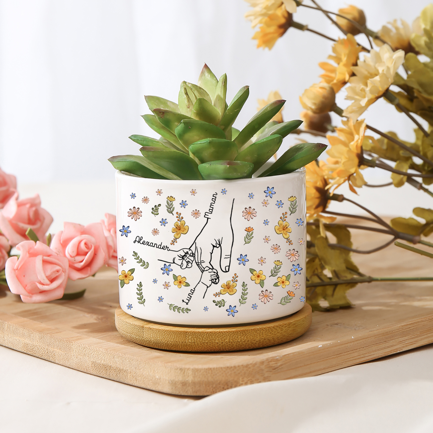 Vase/Pot de Fleurs la main dans la main 3 Prénoms Personnalisés Décoration de la Maison (sans plantes)