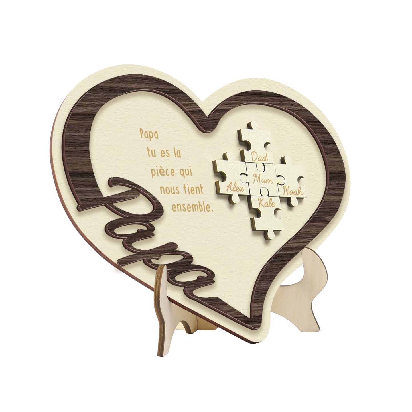 À mon Papa - Décoration en bois Cœur Puzzle 5 Prénoms Personnalisés Ornement pour Famille