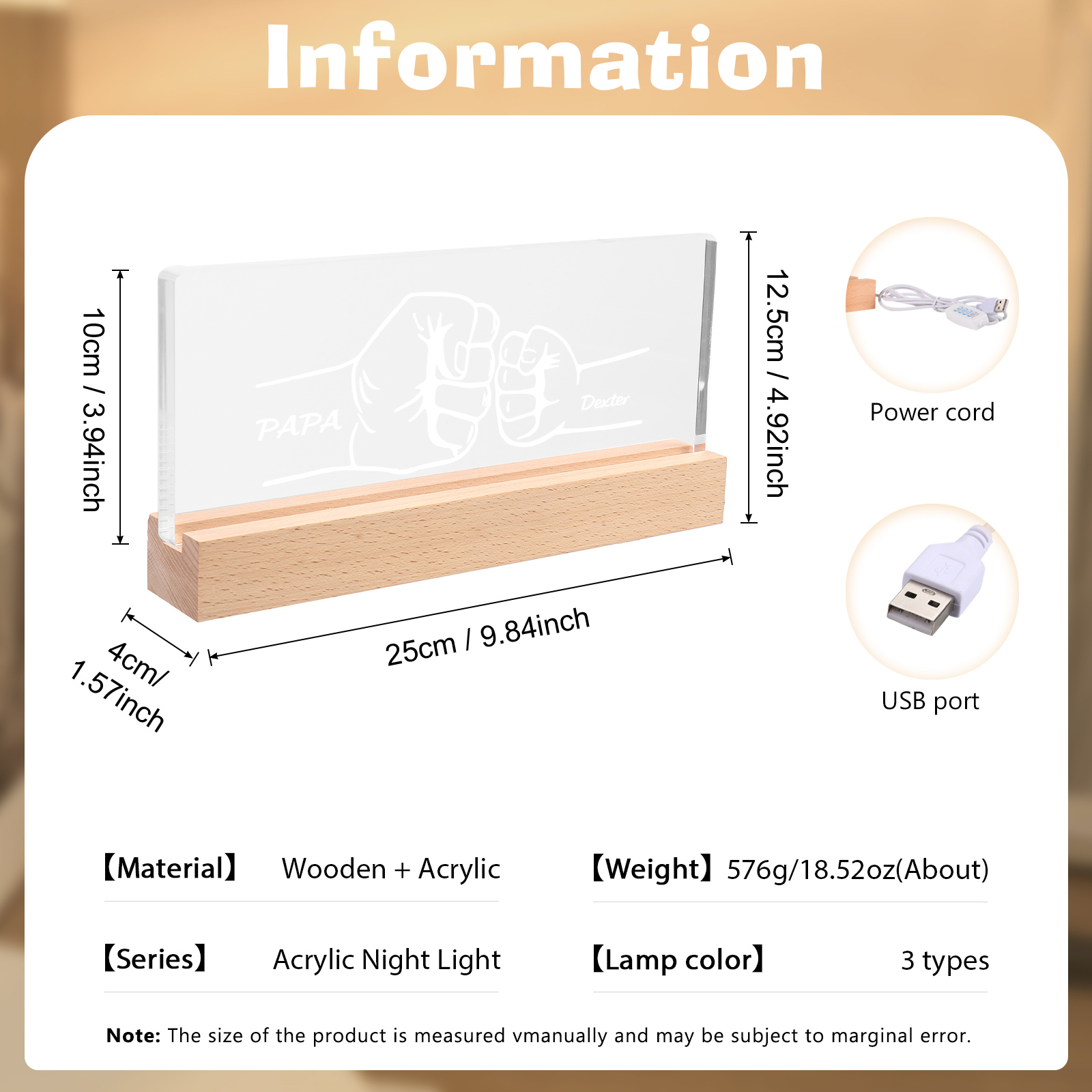 À mon Papa/Papi- Lampe de chevet LED Poings 2 Prénoms Personnalisés