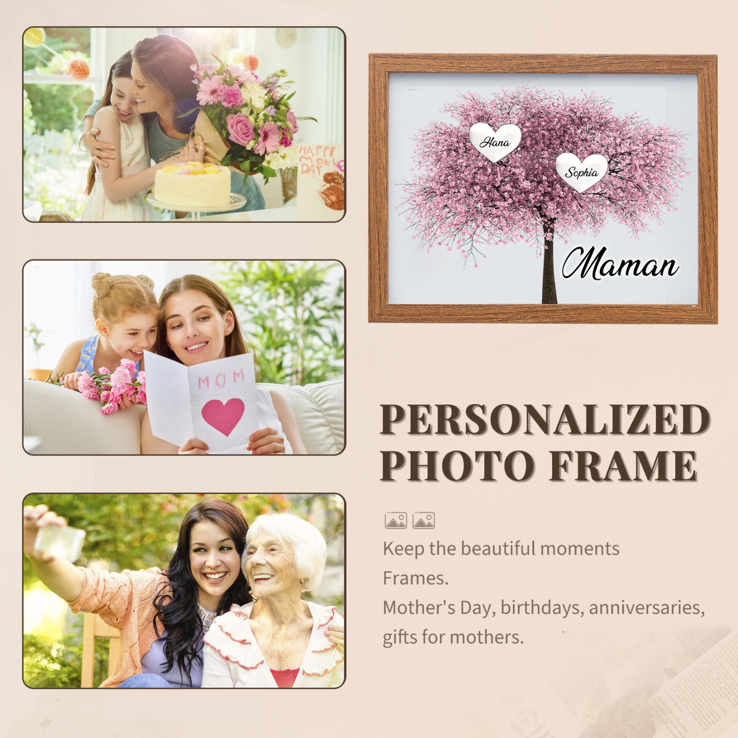 Cadre Photo LED Arbre de Vie 2 Prénoms et 1 Texte Personnalisé Décoration Famille