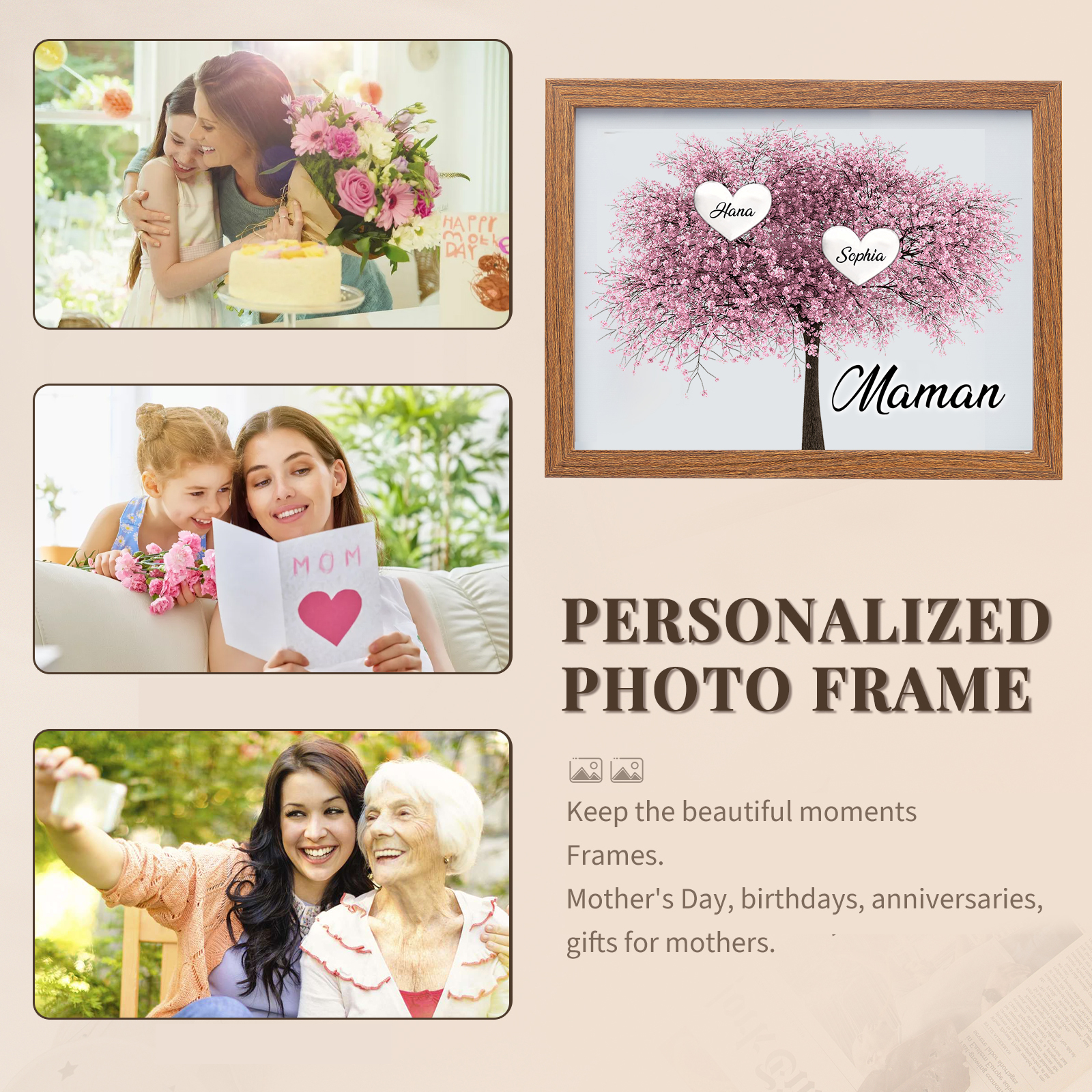 Cadre Photo LED Arbre de Vie 2 Prénoms et 1 Texte Personnalisé Décoration Famille