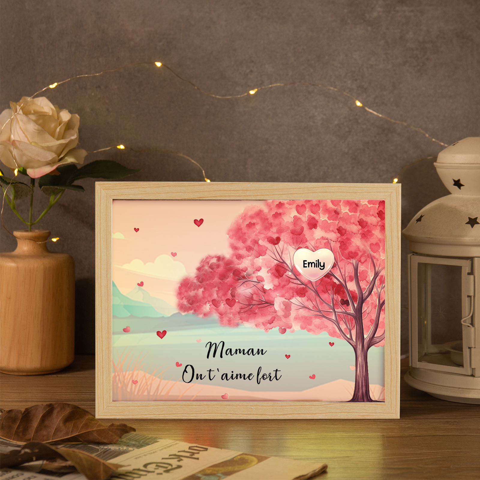 Cadre Photo LED Arbre 1 Prénom Personnalisé avec 1 Texte Décoration Famille