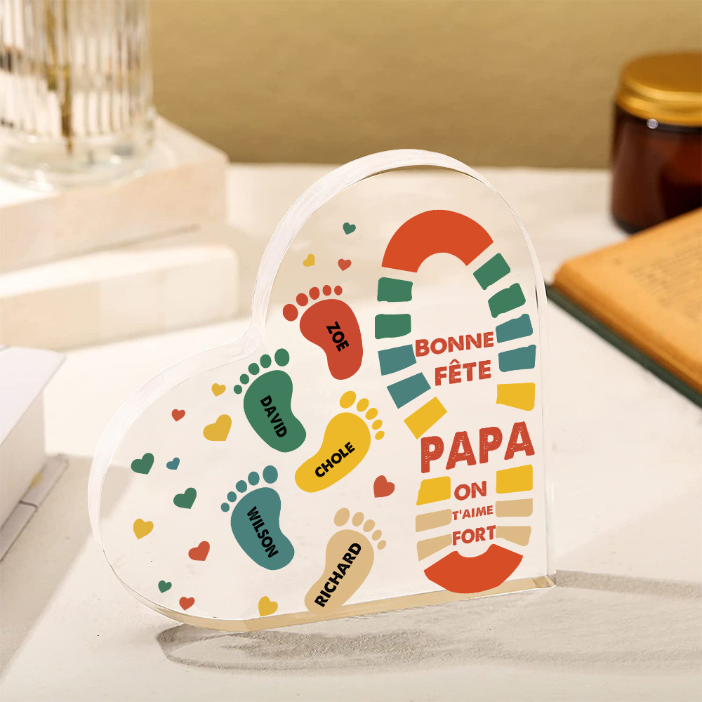 À mon Papa - Plaque Acrylique en Forme de Cœur Empreintes 5 Prénoms Personnalisés