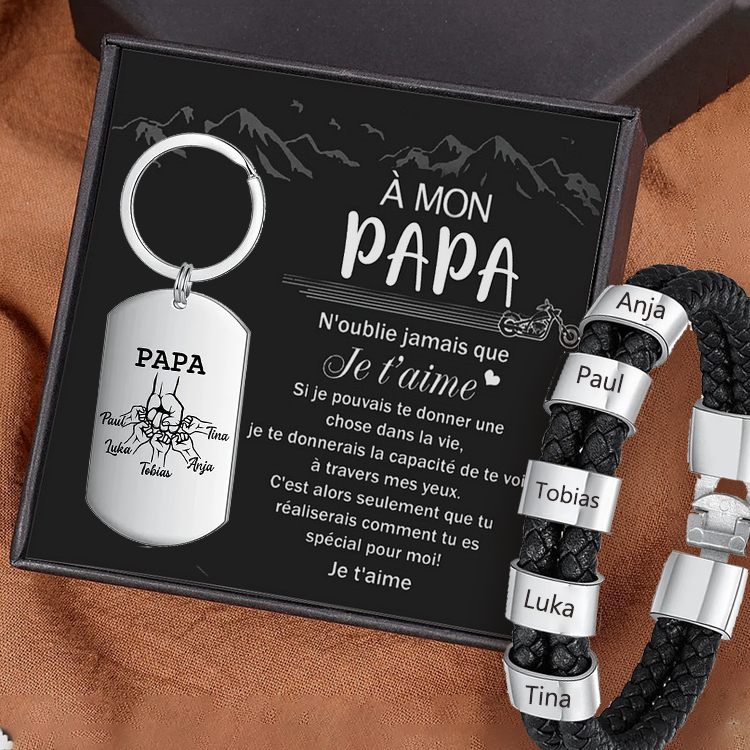 À mon Papa - Combinaison de Bracelet et Porte-Clés Poings 5 Prénoms Personnalisé