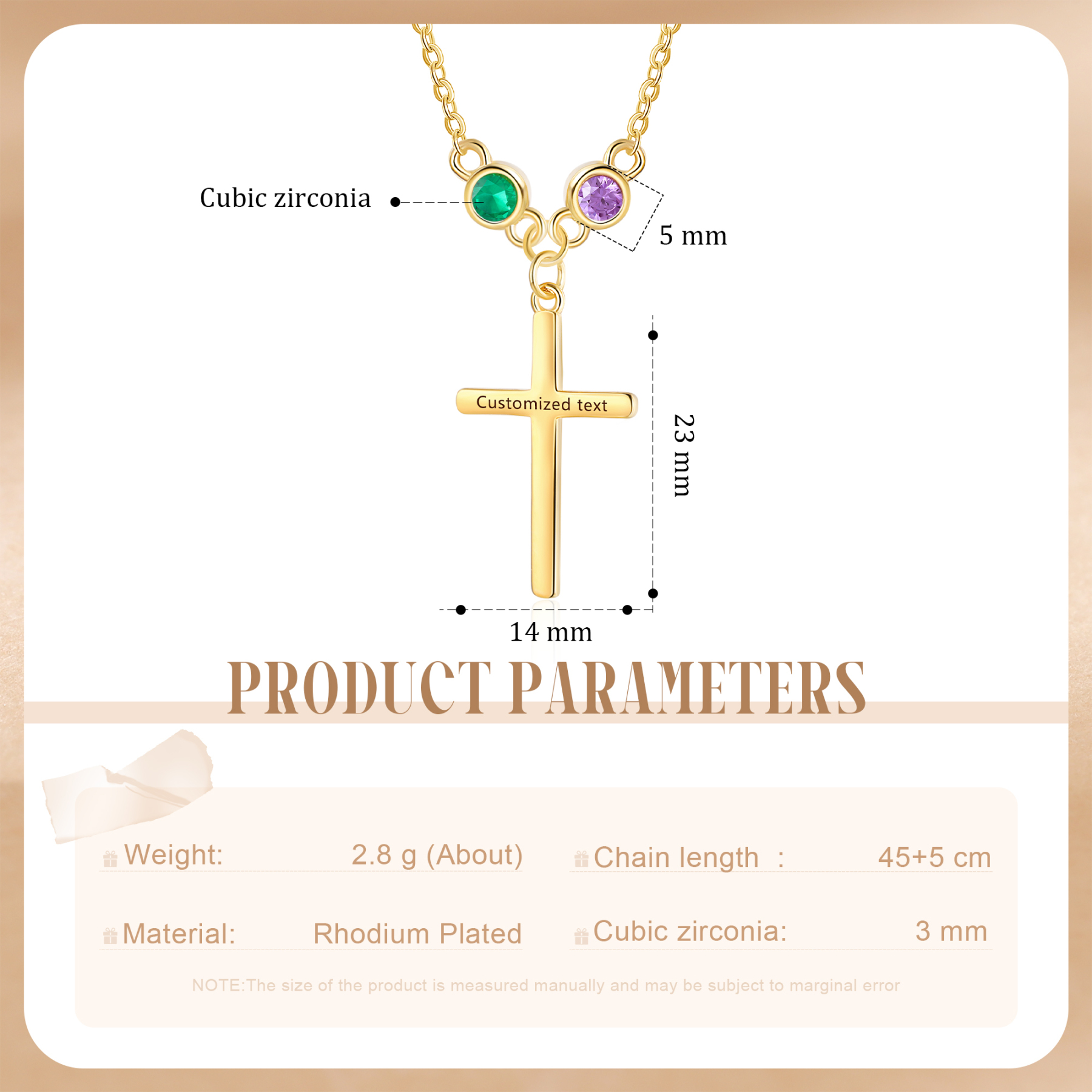 Collier Croix 2 Pierres de Naissance Personnalisés avec Texte Collier pour Femmes