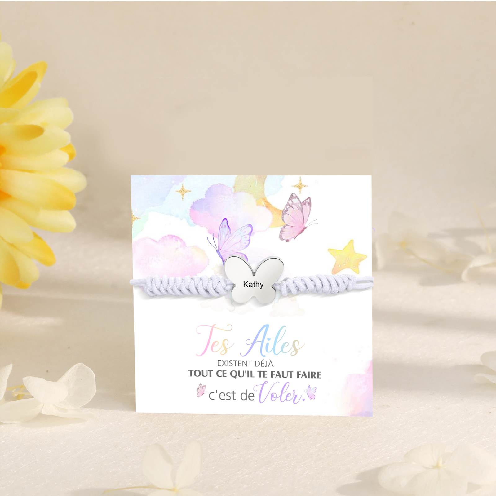 Bracelet Papillon Prénom Personnalisé Corde élastiques - Cadeau Rentrée Scolaire