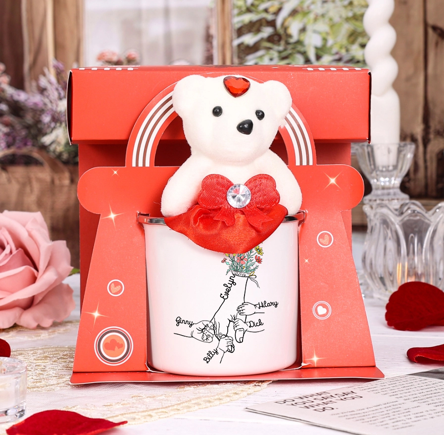 À Maman/Mamie - Tasse émaillée la Main dans la Main 5 Prénoms Personnalisés