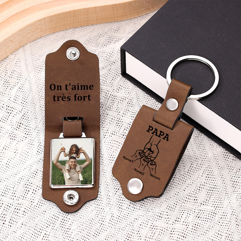 À mon Papa - Porte-Clés Cuir Poings 3 Prénoms Personnalisés avec Photo et Texte
