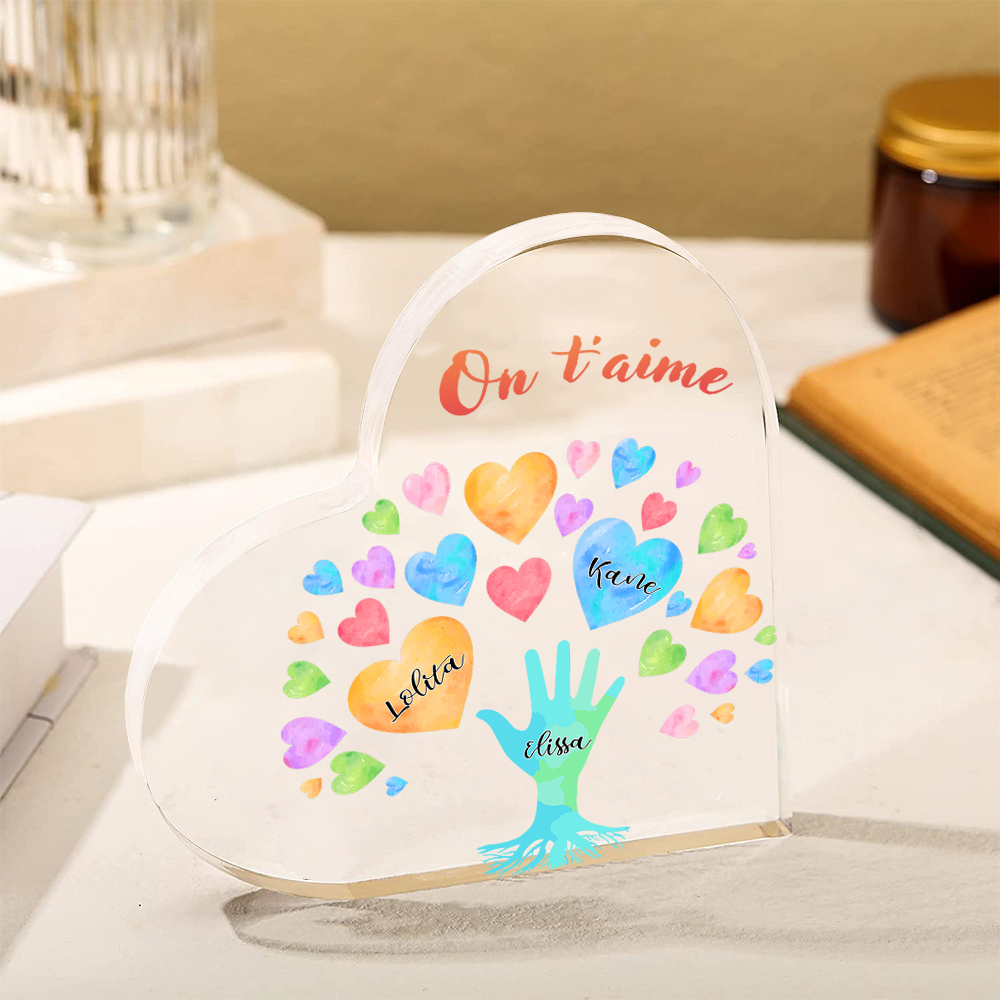 Plaque Acrylique en Forme de Cœur 3 Prénoms Personnalisés avec Texte pour Famille