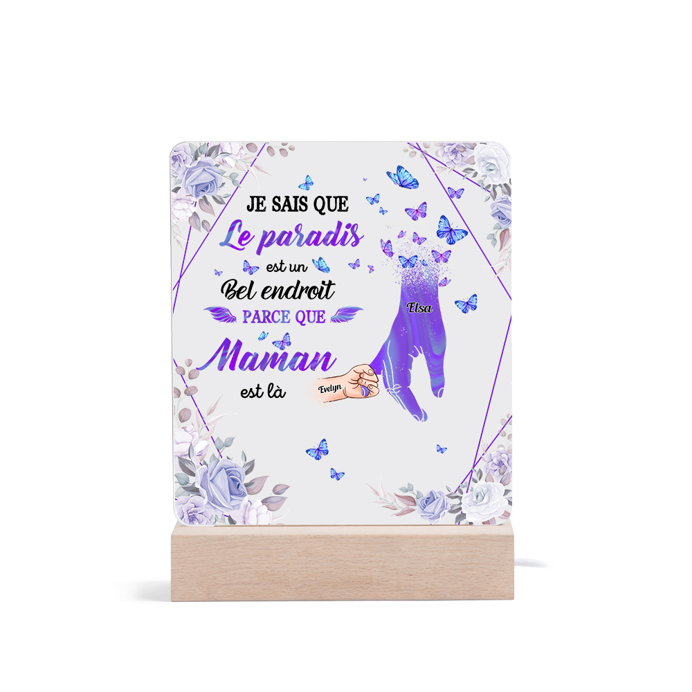 À Maman/Papa - Lampe de chevet LED Commémorative 2 Prénoms Personnalisés avec 1 Texte Lampe de chevet la main dans la main