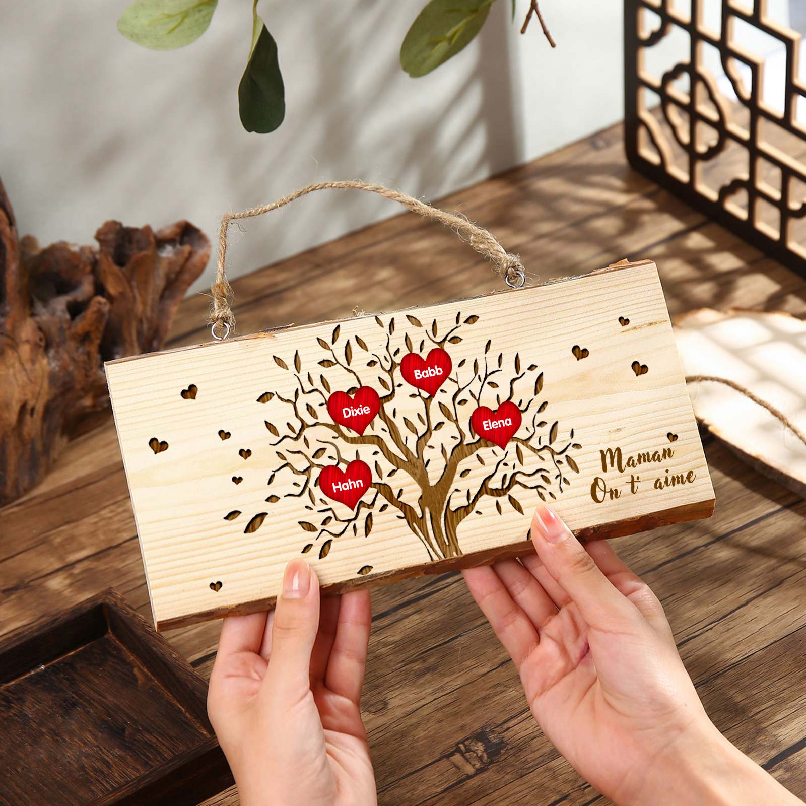 Décoration en bois Arbre de Vie 2-6 Prénoms Personnalisés avec Texte pour Famille Peinture Décorative