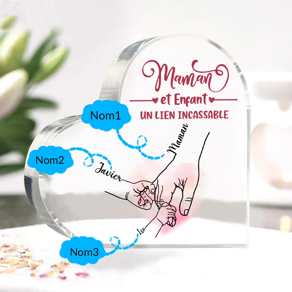 À ma Maman - Plaque Acrylique en Forme de Cœur la main dans la main 3 Prénoms Personnalisés