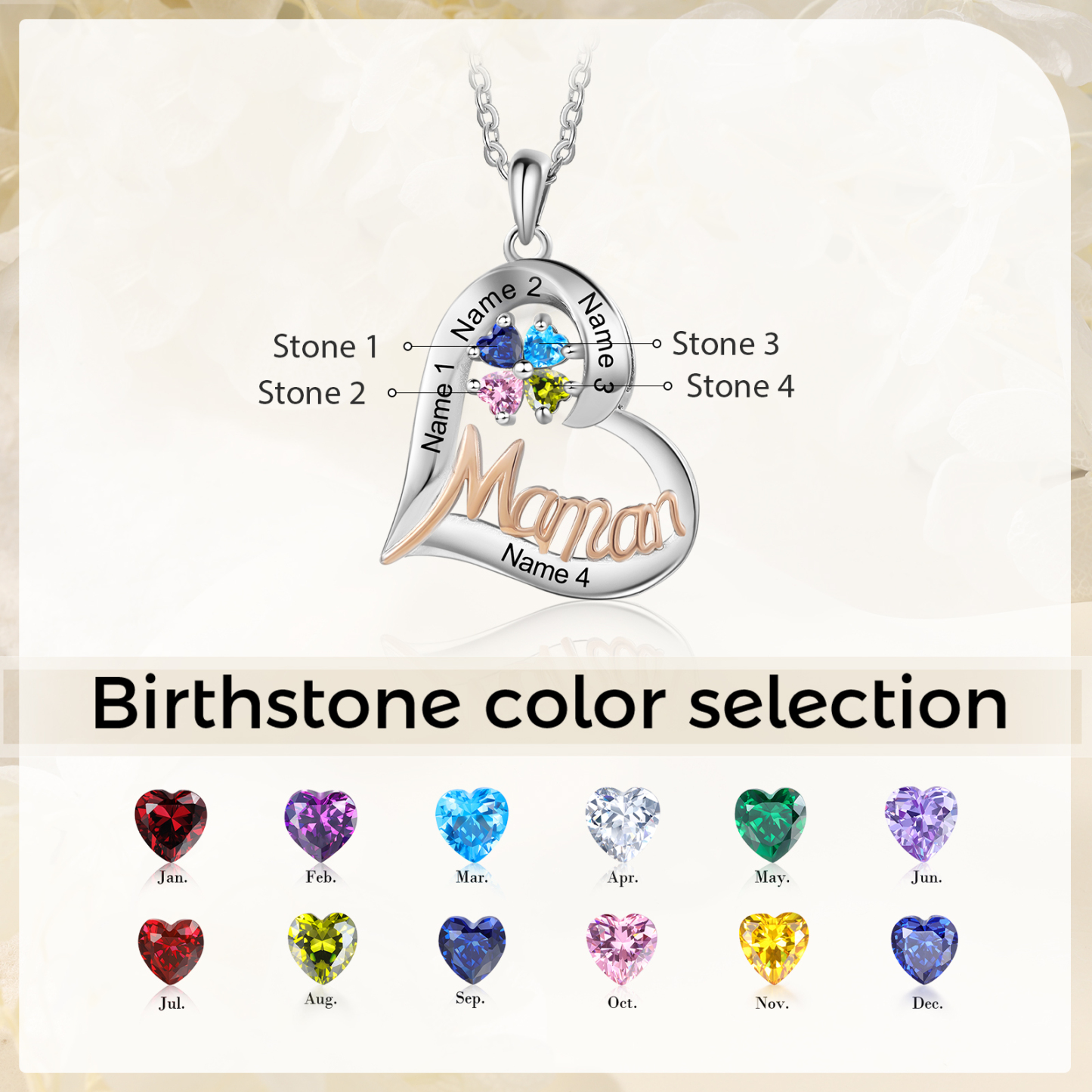 À Ma Maman-Collier Cœur 4 Prénoms Personnalisés avec 4 Pierres de Naissance