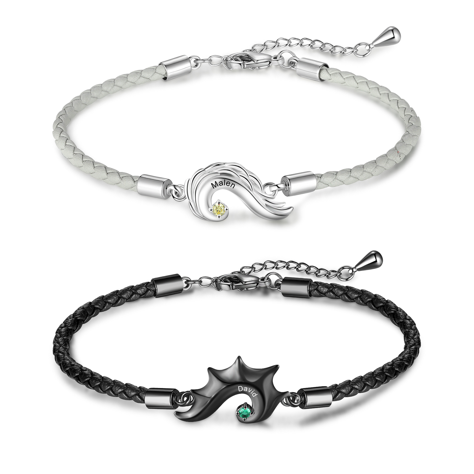 2PCS Bracelet 2 Prénoms Personnalisé avec 2 pierre de naissances bracelet en commun pour Un couple Bracelet