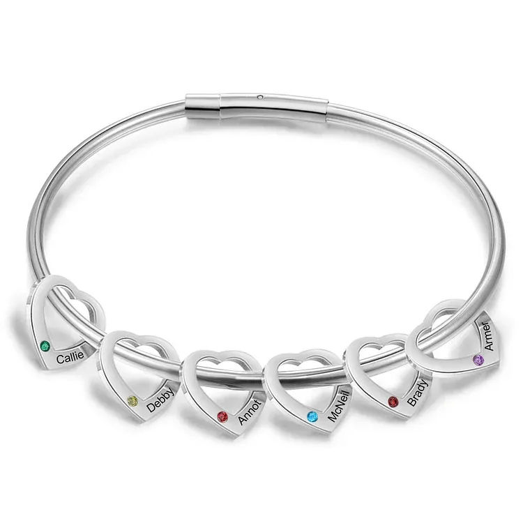 Bracelet Jonc Bracelet Coeur 6 Prénoms Personnalisés avec 6 Pierres de
