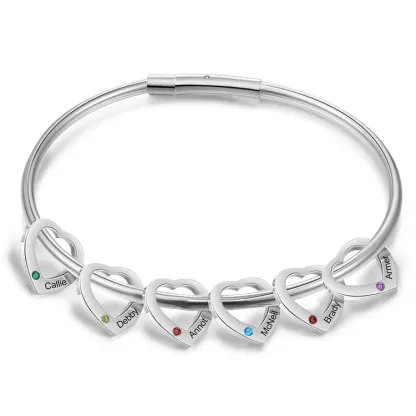 Bracelet Jonc Bracelet Coeur 6 Prénoms Personnalisés avec 6 Pierres de