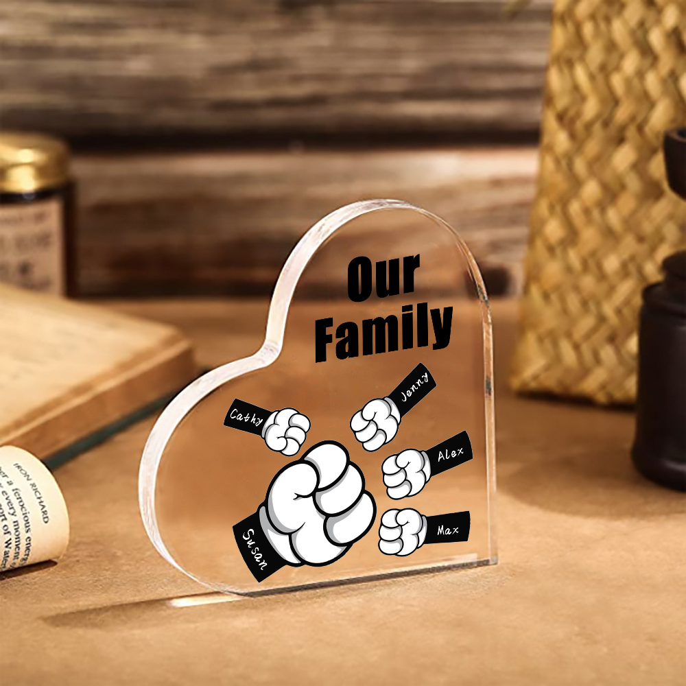 À mon Papa/Maman - Plaque Acrylique en Forme de Cœur Poings 5 Prénoms Personnalisés avec 1 Texte