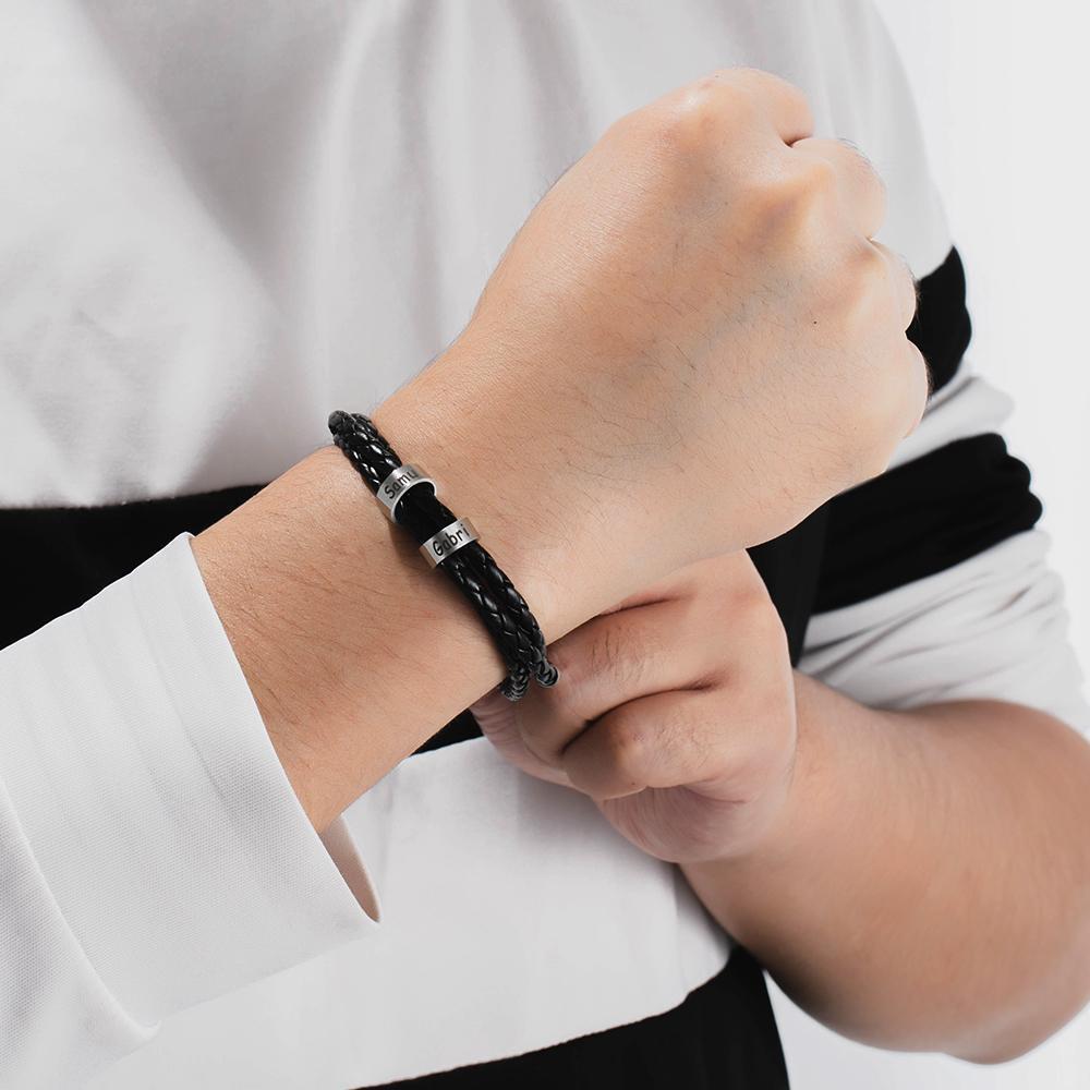 Bracelet Cuir tressé Prénom Personnalisé Bracelet Homme Avec 2 Perles
