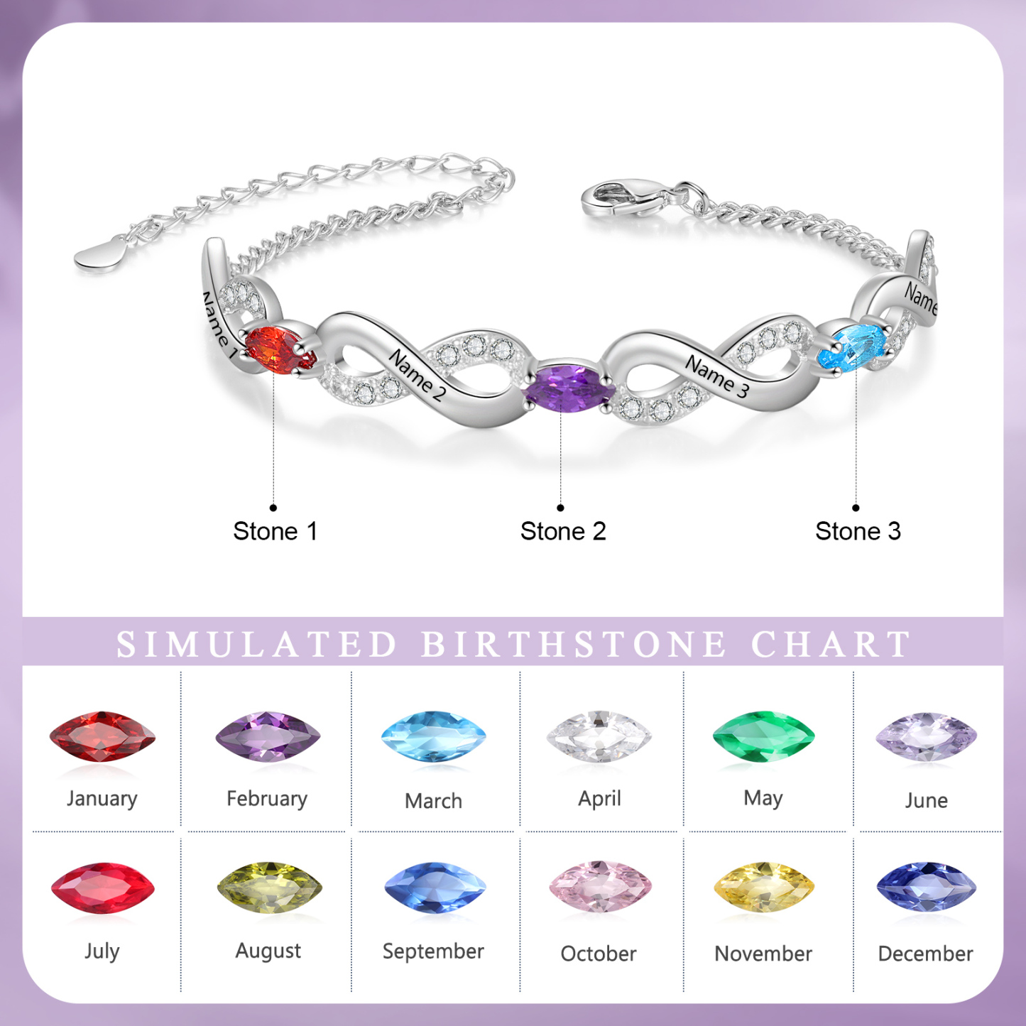 Bracelet Infini 4 Prénoms Personnalisés avec 3 Pierres de Naissance pour Femme