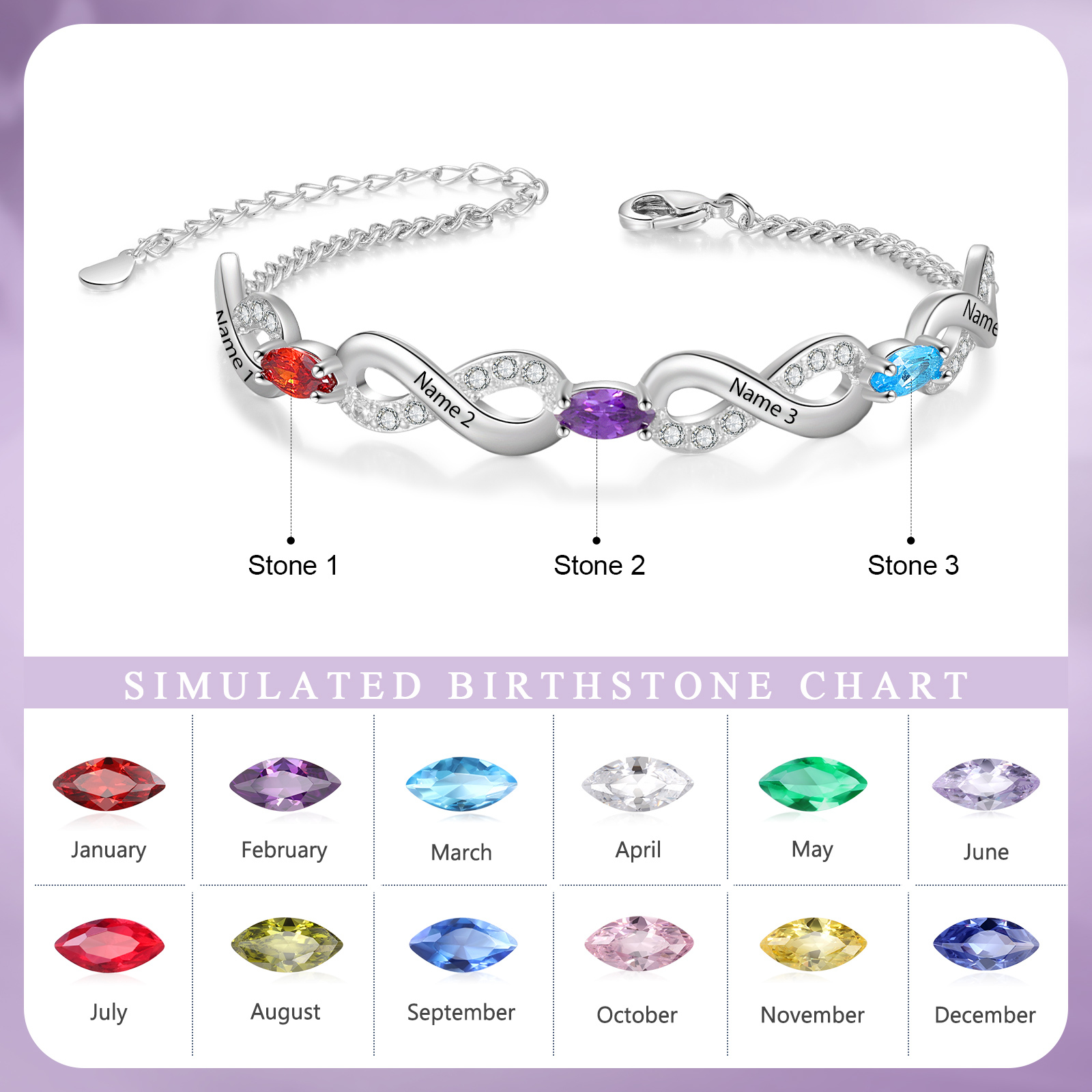 Bracelet Infini 4 Prénoms Personnalisés avec 3 Pierres de Naissance pour Femme