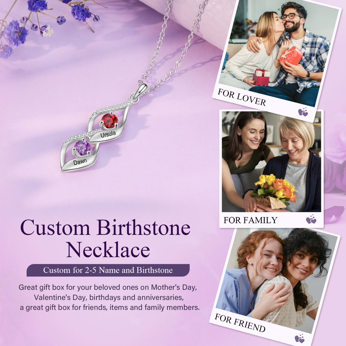 Collier Pendentif infini 2 Prénoms Personnalisés avec Pierre de naissance pour Femmes | Jessemade