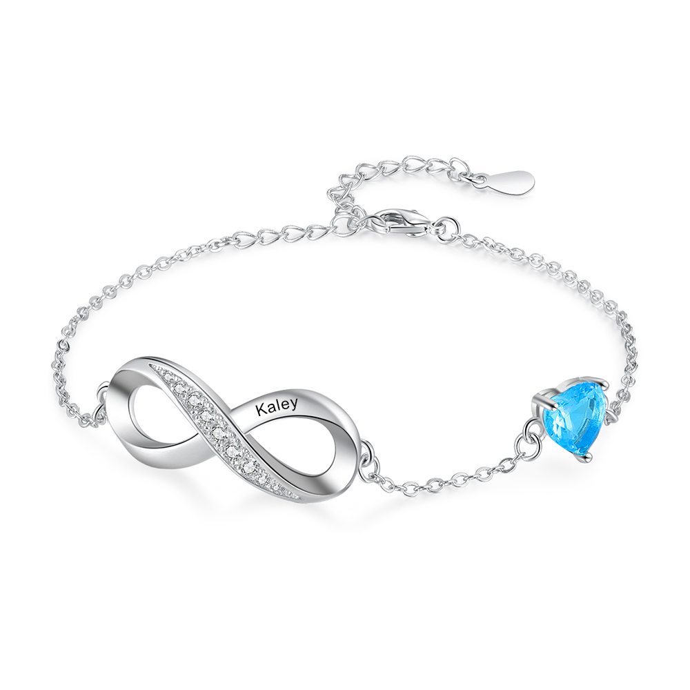 Bracelet infini à Breloque coeurs 1 Prénom Personnalisé avec 1 Pierre de Naissance