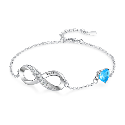 Bracelet infini à Breloque coeurs 1 Prénom Personnalisé avec 1 Pierre de Naissance