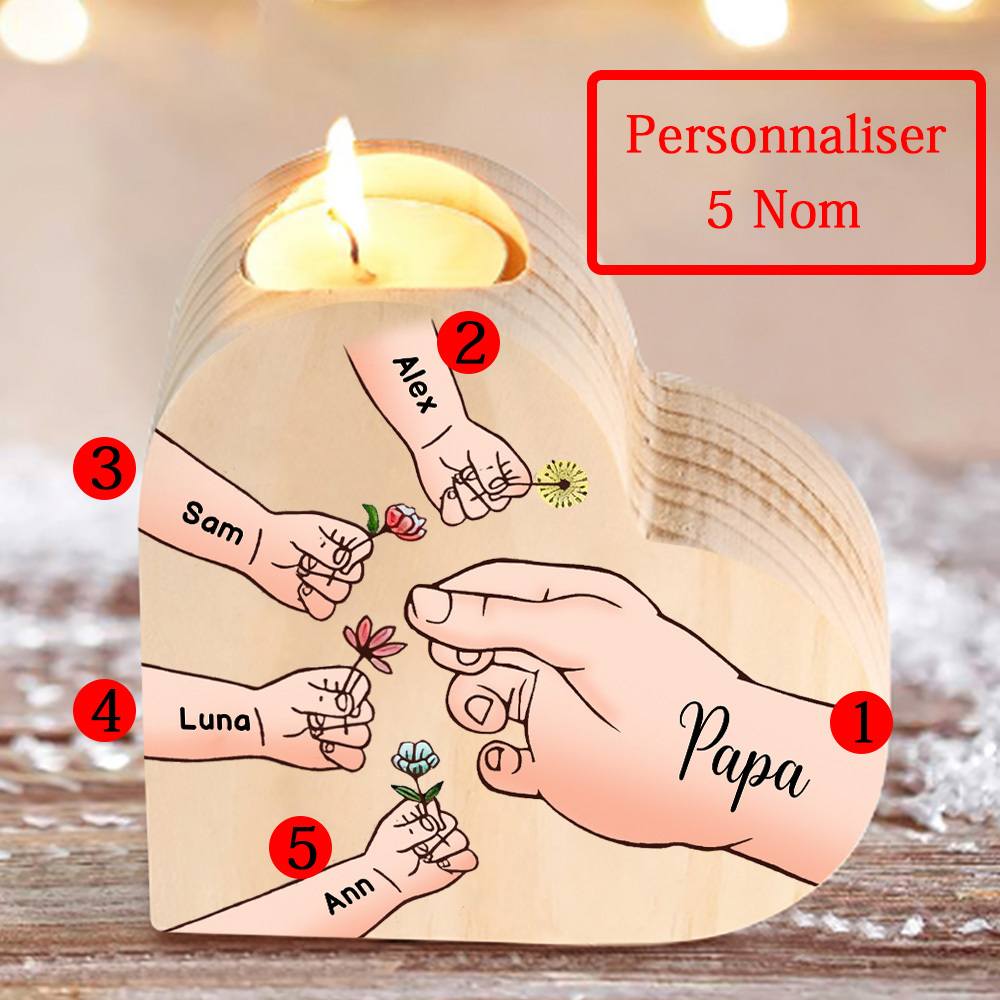 À Ma Maman/Mamie - Bougeoir en Bois Mains et Enfants 5 Prénoms Personnalisés pour Famille sans bougie
