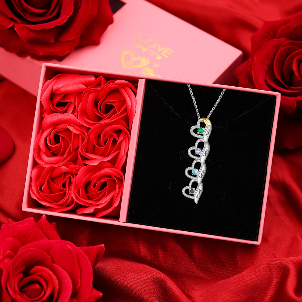 Collier cœur et aile 4 Prénoms Personnalisés avec pierre de naissance