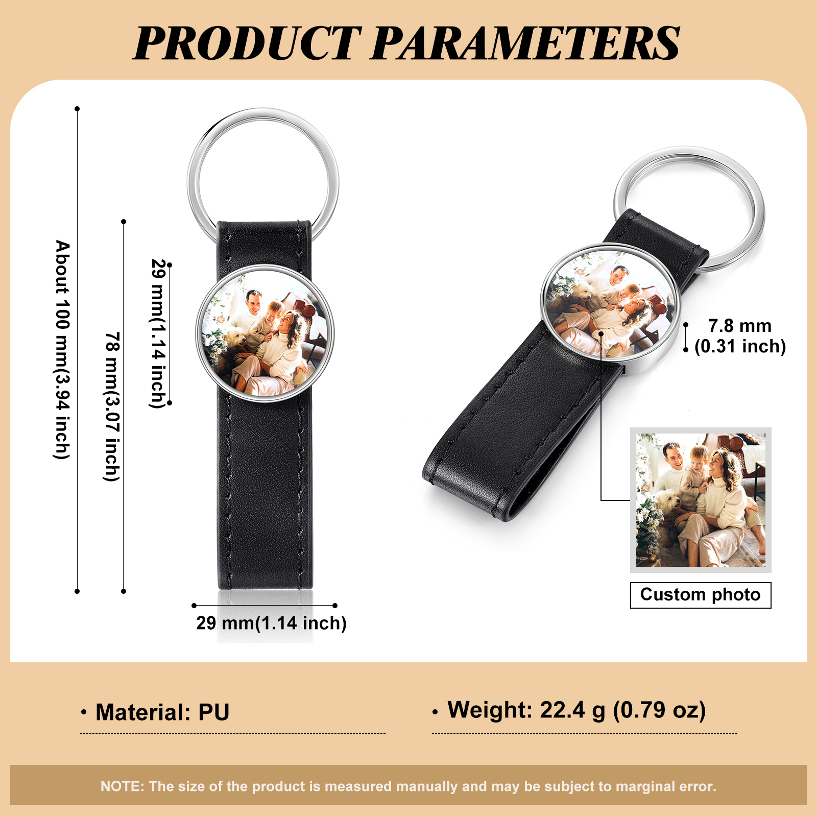 Porte-Clés Cuir PU Rond Photo Personnalisée Porte-Clés Homme