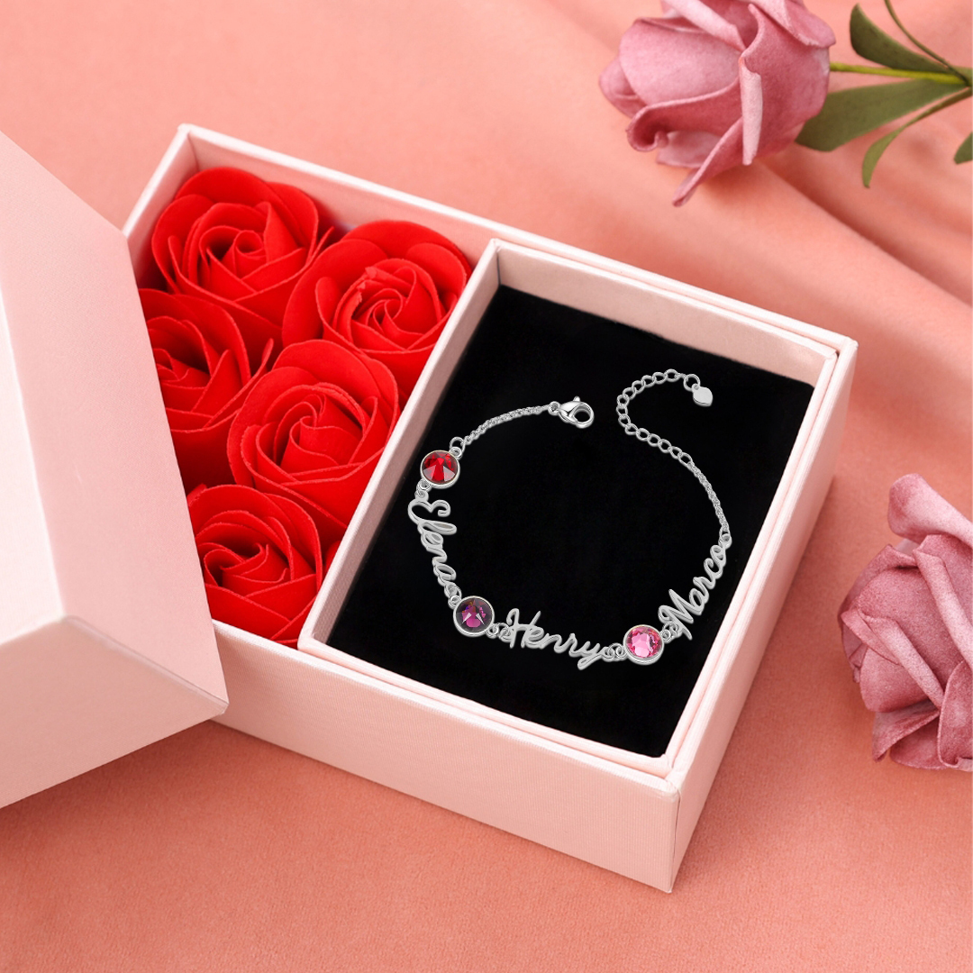 Bracelet Breloque 3 Prénoms Personnalisé Bracelet Pierre De Naissance pour Femmes｜Jessemade