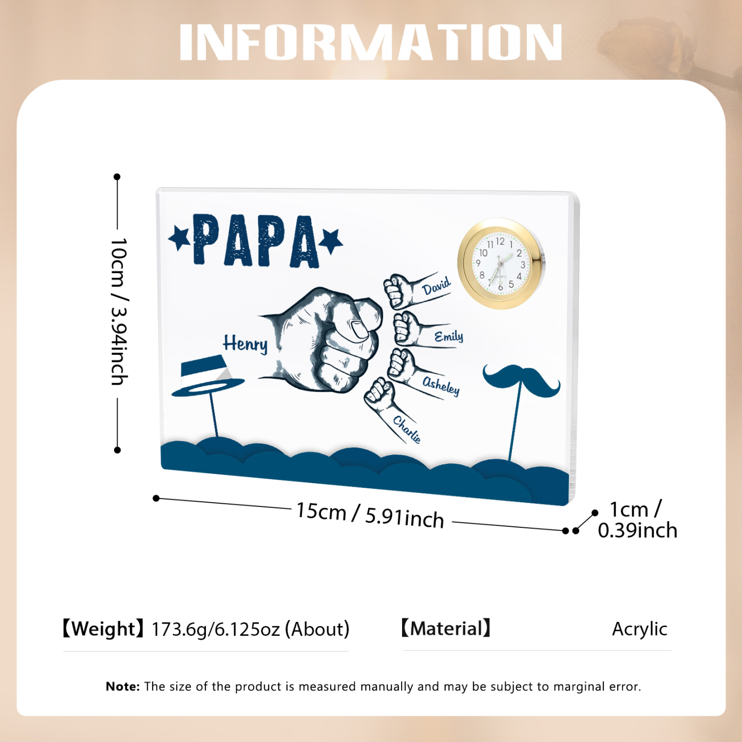 À Papa/Papi - Plaque Acrylique Poings Rectangle avec Horloge 5 Prénoms et 1 Texte Personnalisés