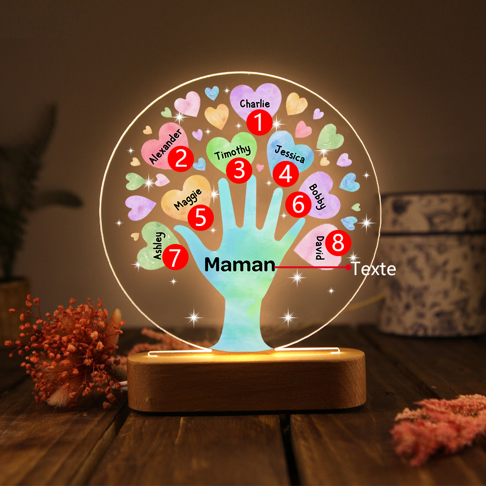 À Maman/Mamie - Lampe de chevet LED Lumières Cœur 8 Prénoms Personnalisés avec 1 Texte pour Famille