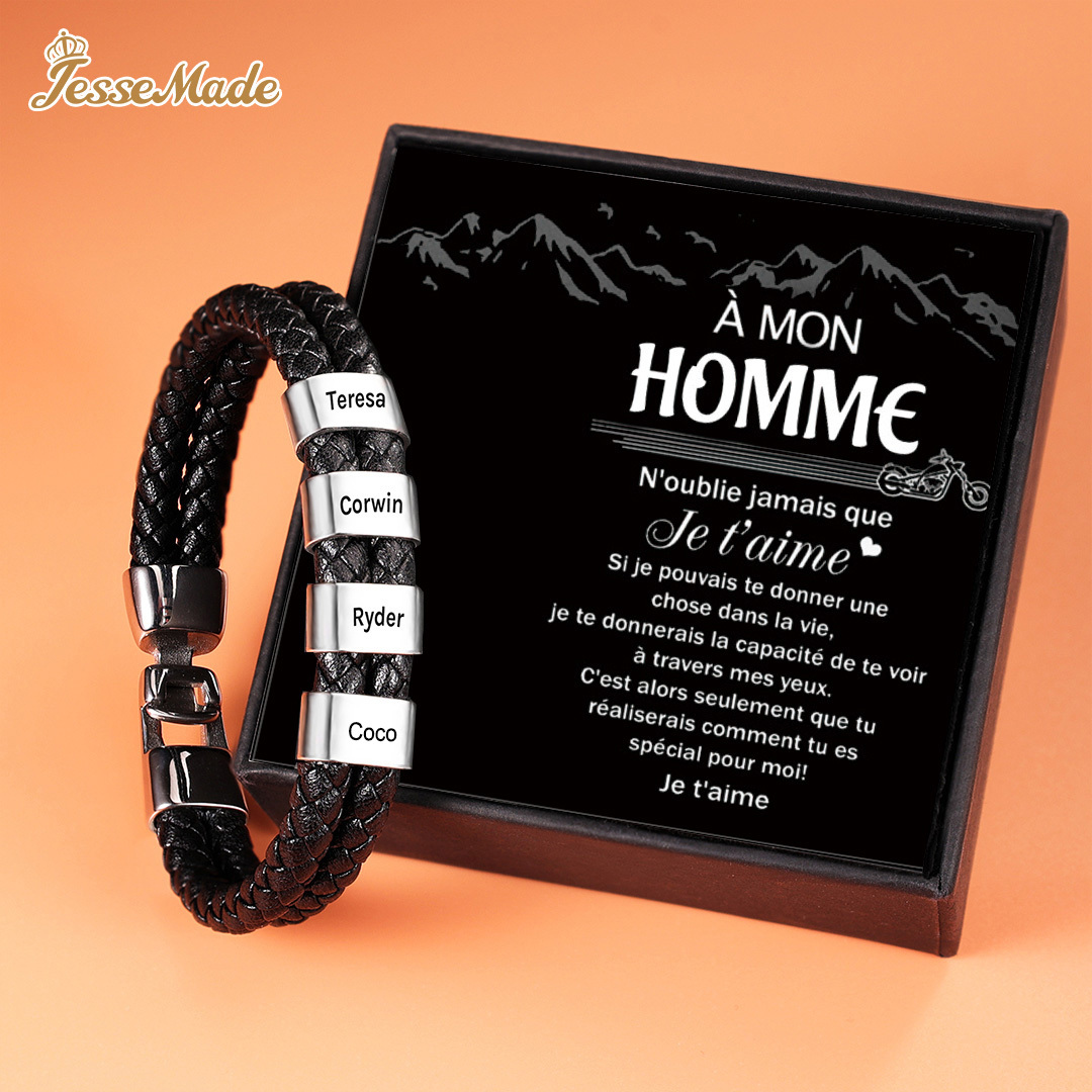 A mon homme - Bracelet Cuir tressé Prénom Personnalisé Bracelet Homme Avec 4 Perles