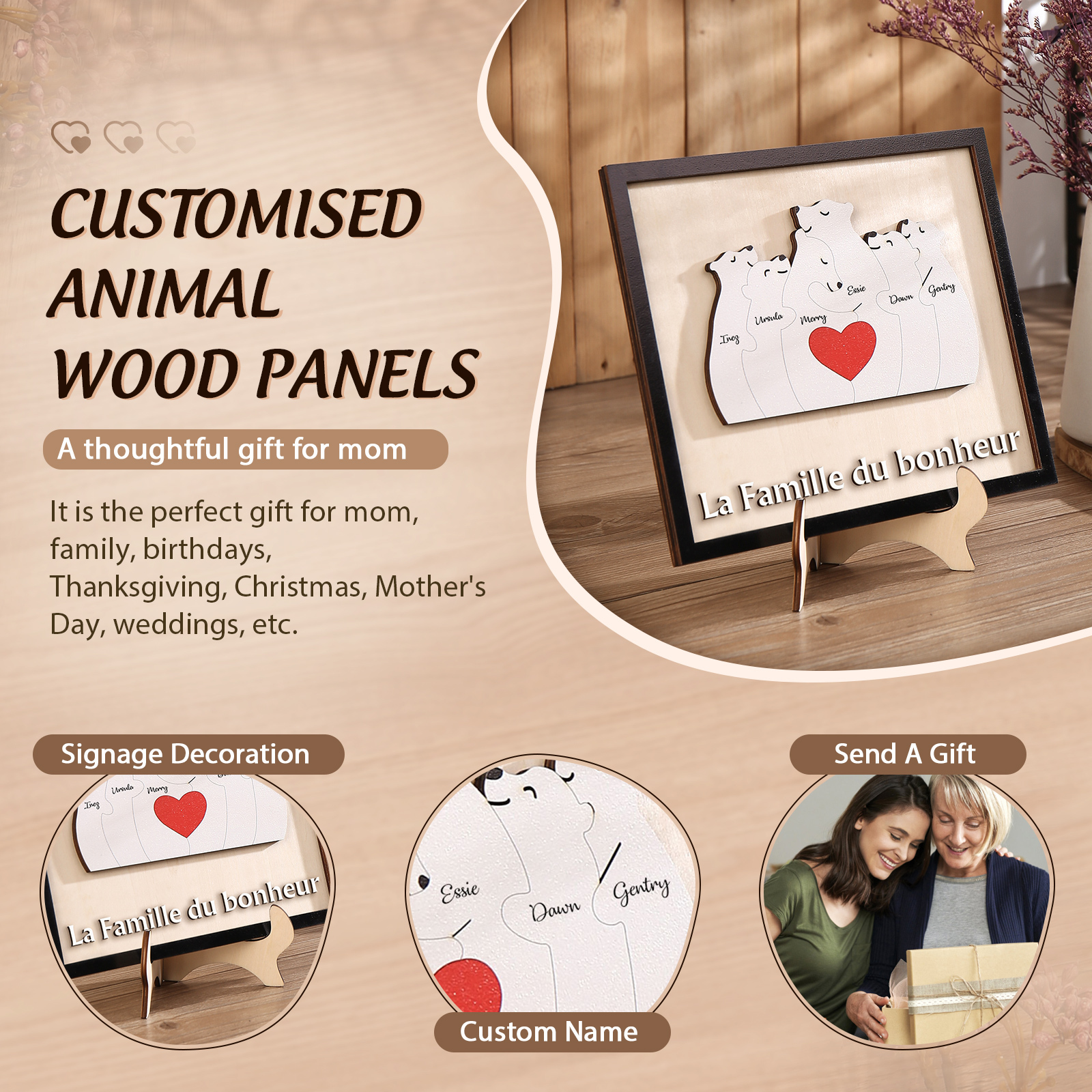 À ma Famille - Décoration en bois Ours 6 Prénoms Personnalisés Ornement pour Famille