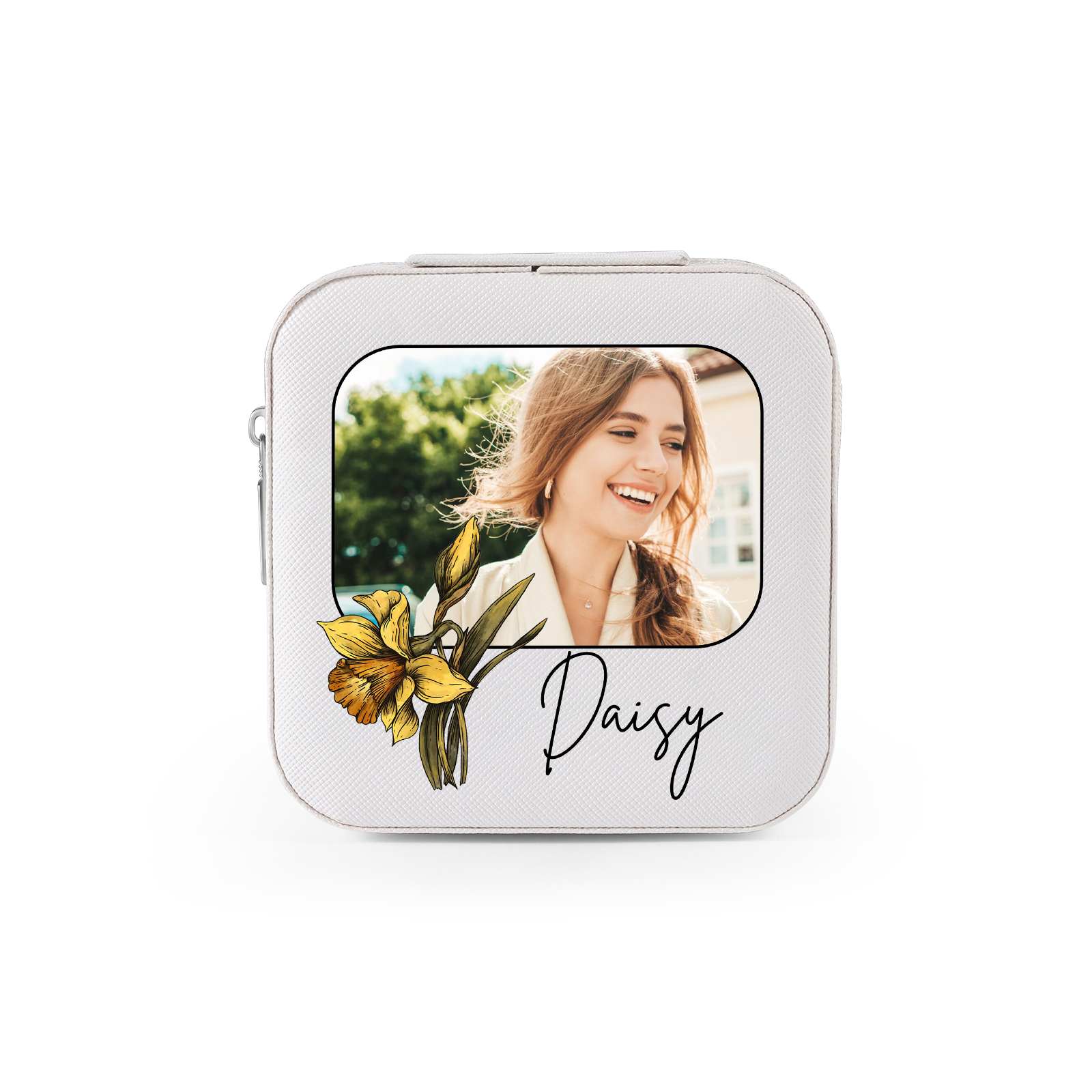 Boîte à Bijoux 1 Prénom et Photo Personnalisés avec Fleur de naissance