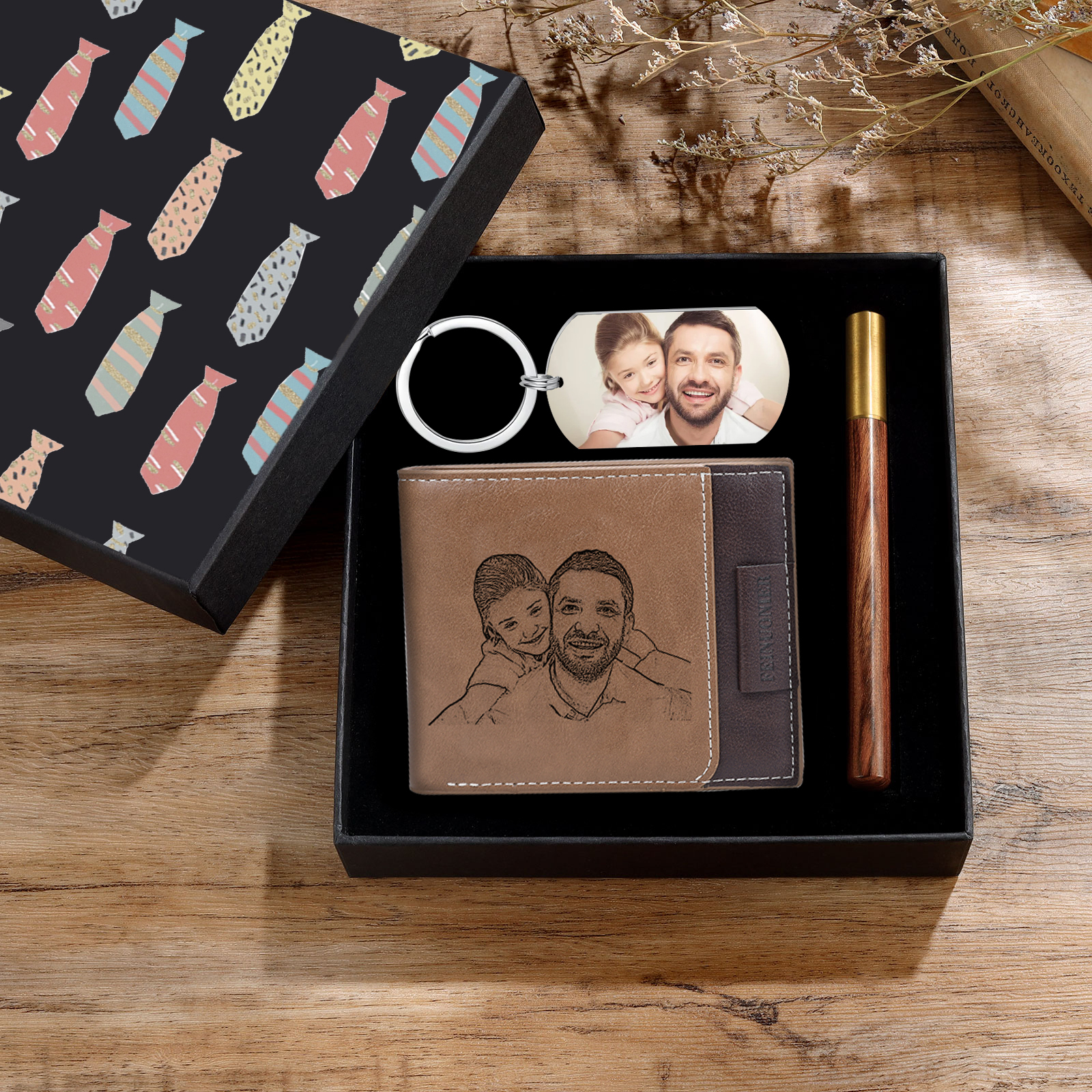 Coffret Cadeau 3PCS - Portefeuille classique Porte-Clés et Stylo 2 Photo et Textes Personnalisés Coffret Cadeau pour Homme