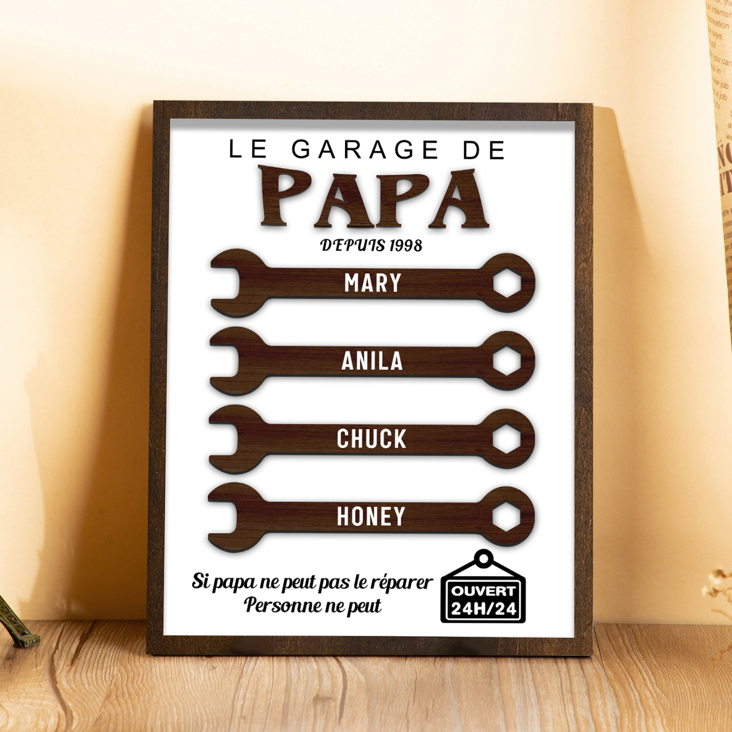 À Mon Papa-Cadre en Bois Garage 4 Prénoms Personnalisés
