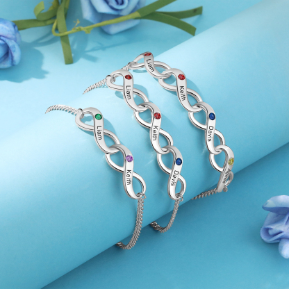 Bracelet Infini 2 Prénoms Personnalisés avec Pierres de Naissance pour Femme