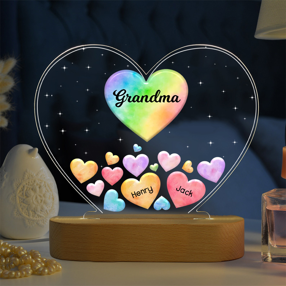 À Maman/Mamie - Lampe de chevet LED Cœurs 2 Prénoms Personnalisés avec 1 Texte
