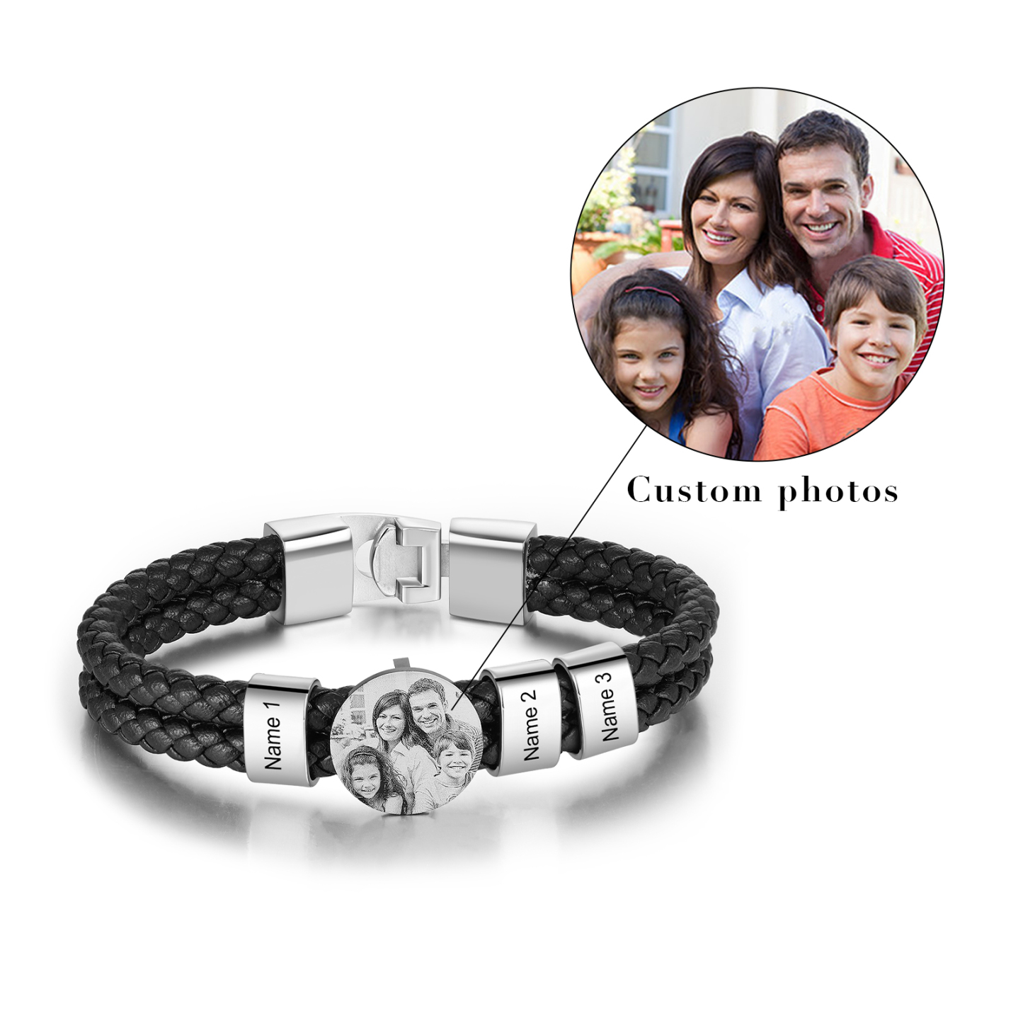 Bracelet en Cuir 3 Prénoms Personnalisés avec Photos