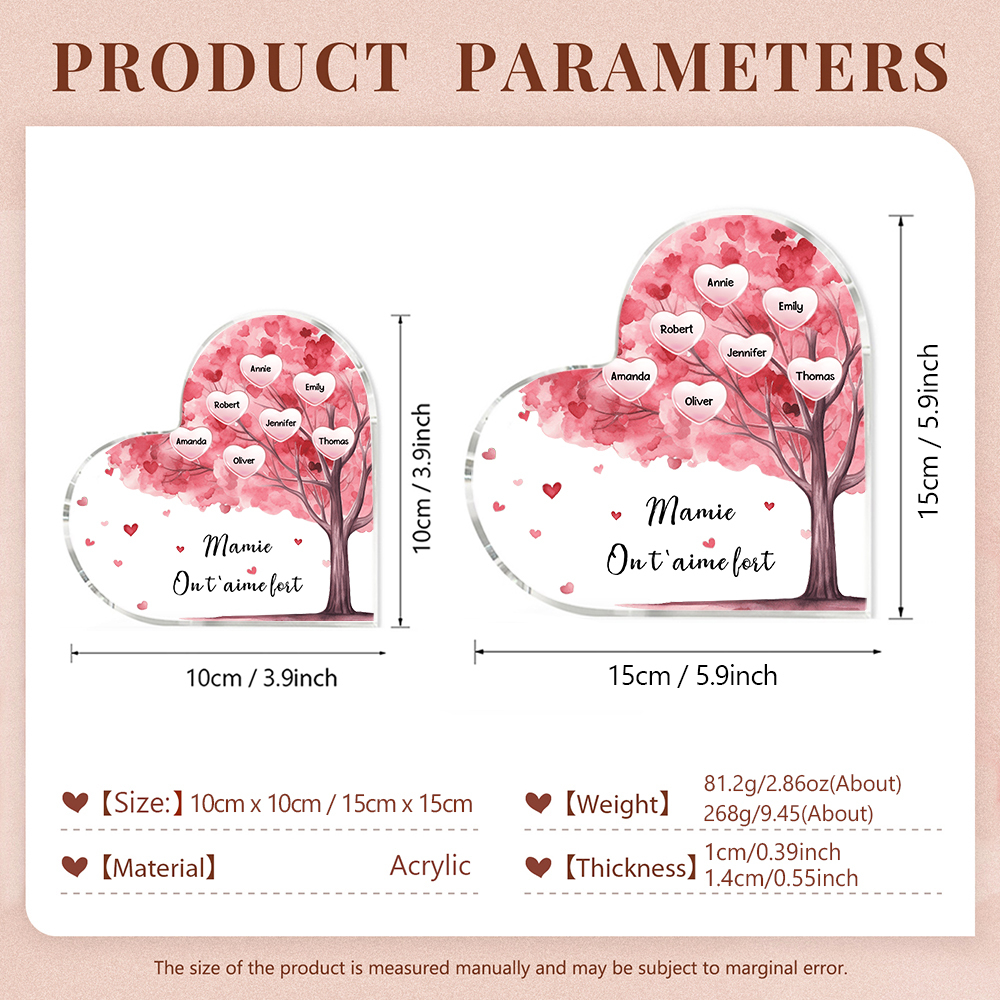 À ma Maman/Mamie - Plaque Acrylique Arbre en Forme de Cœur 7 Prénoms Personnalisés avec 1 Texte
