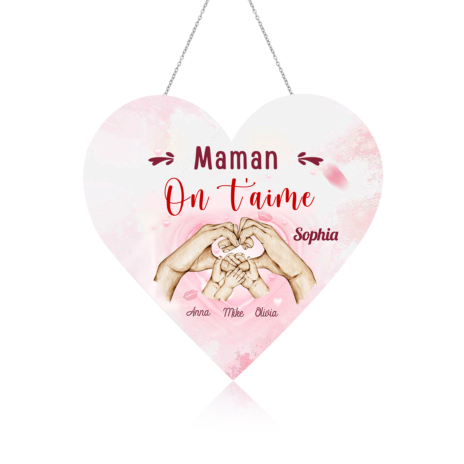 À Maman/Mamie - Veilleuse Cœur Décoration Mains et Enfants 4 Prénoms Personnalisés avec Texte