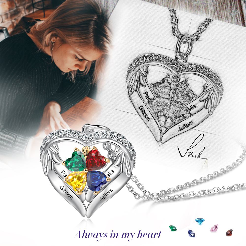 Collier Prénom cœur Argent 925 4 Prénom 4 pierre de naissance