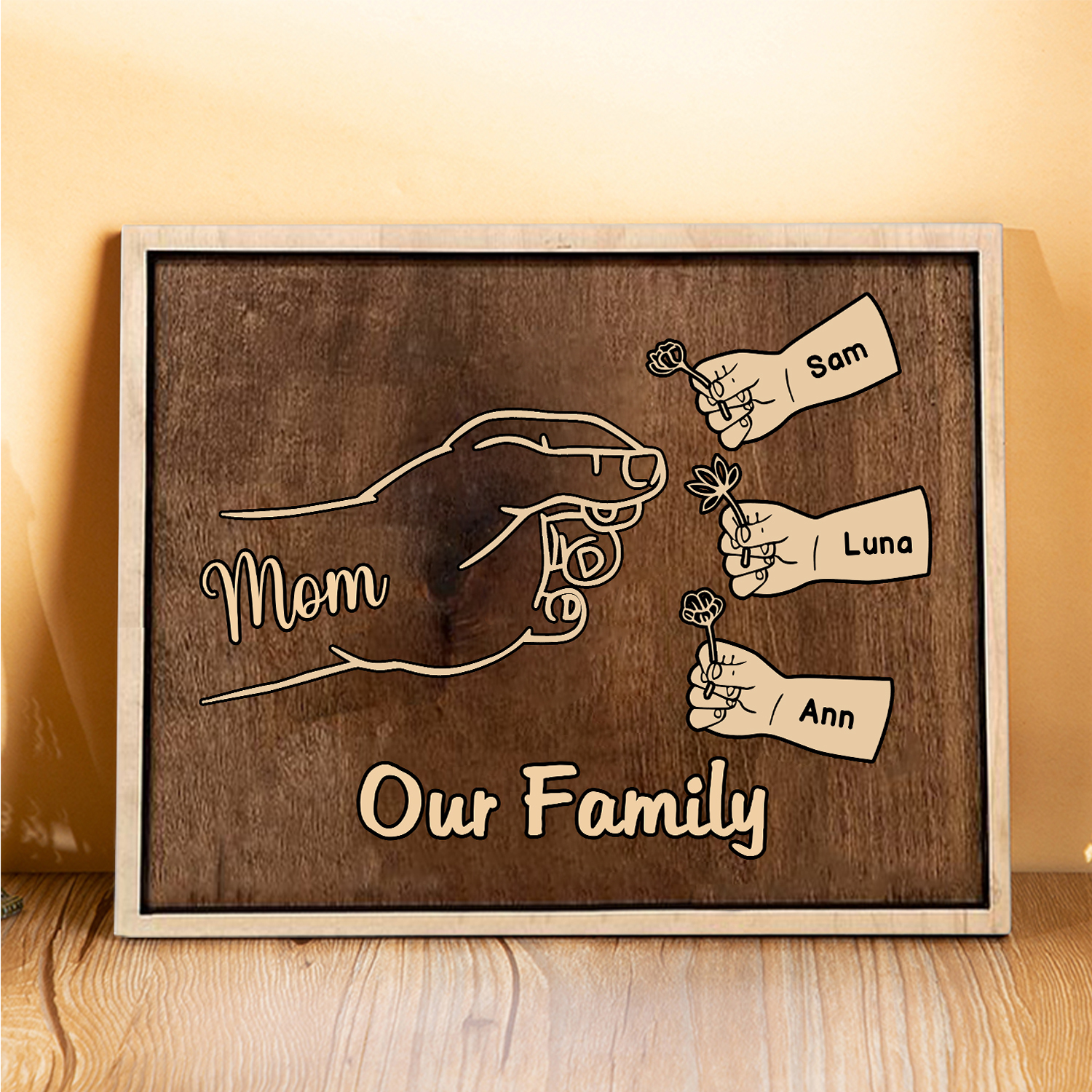 À Maman/Mamie - Cadre en Bois Main et Enfants 4 Prénoms Personnalisés avec Texte Cadeau pour Famille