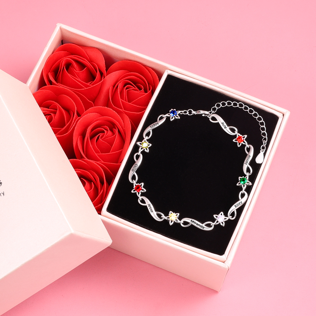 Bracelet infini à Breloque 7 Prénom Personnalisé avec 7 Pierre de Naissance