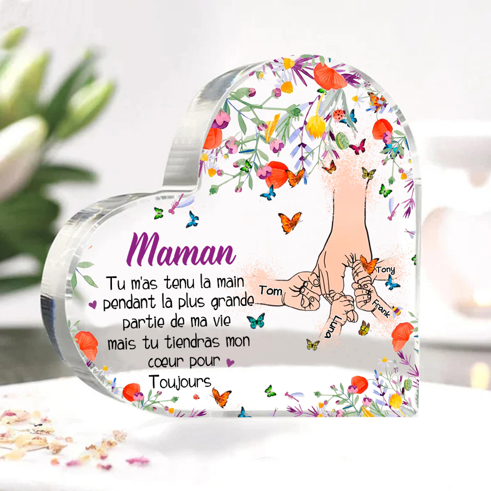 À ma Maman - Plaque Acrylique en Forme de Cœur 4 Prénoms Personnalisés la Mian dans la Main