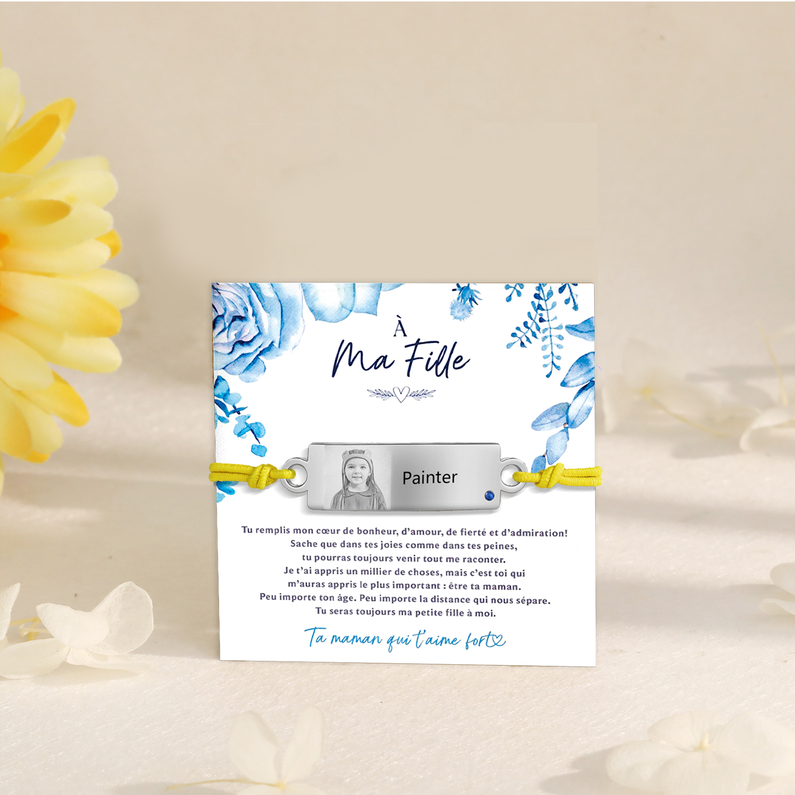 À Ma Fille - Bracelet Prénom et Photo Personnalisés avec Pierre de Naissance Corde élastiques - Cadeau Rentrée Scolaire